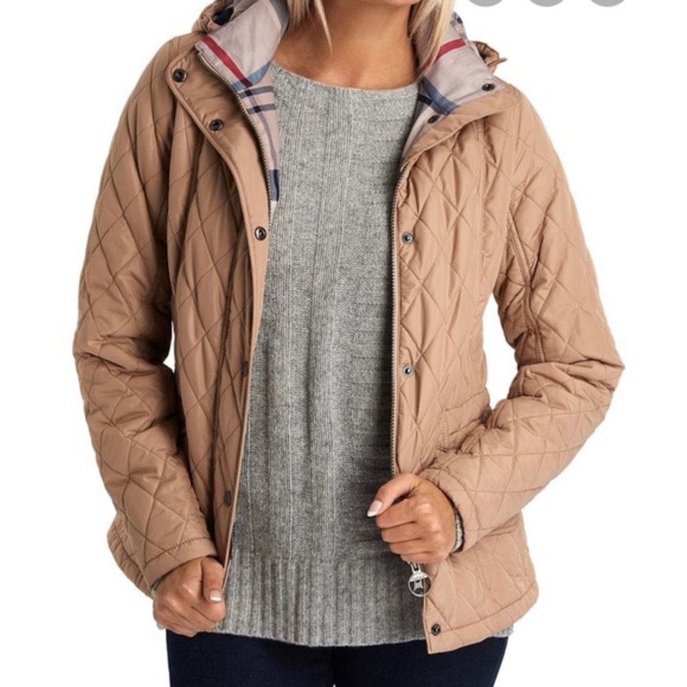 NWT Barbour Millfire Hooded Quilted Riding Jacket Caramel 4